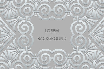 Ethnic silver lorem background, tribal cover design, banner. Geometric 3D pattern with swirls, embossing, place for text. Ornaments, arabesques, mandala of the East, Asia, India, Mexico, Aztec, Peru.