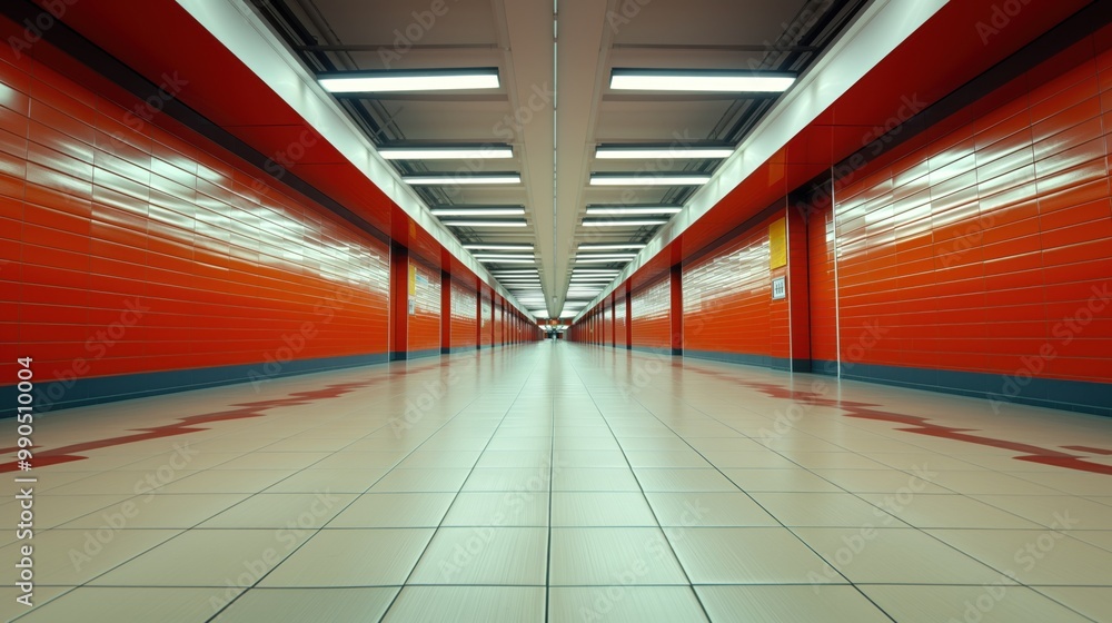 Poster a long, vibrant corridor features red tiled walls and a sleek tiled floor, creating a modern atmosph