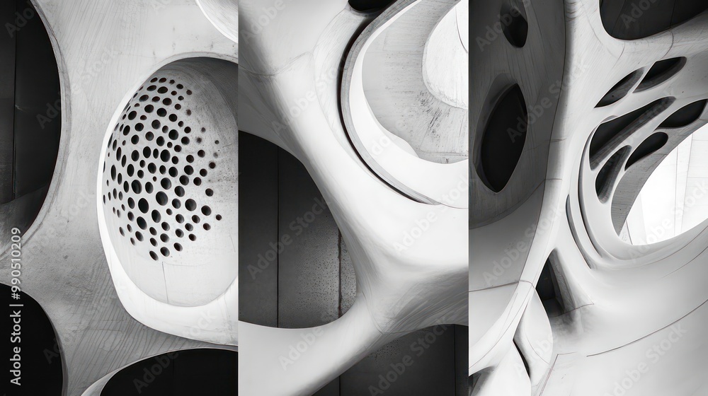 Poster abstract close-up of a white, organic, and futuristic building with large round holes and a curved, 
