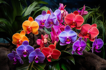 lush image of exotic orchids flourishing in a tropical rainforest, highlighting the unique shapes and vivid colors. Generative AI