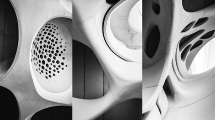 Abstract close-up of a white, organic, and futuristic building with large round holes and a curved, architectural structure.