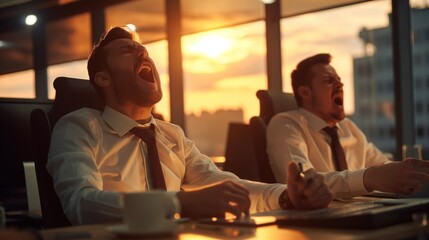 Two men in white dress shirts and ties sit at their desks, yawning as the sun sets outside the office windows, creating a relaxed yet tired atmosphere