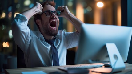 A man in a formal shirt and tie expresses frustration late at night while facing a computer screen in an office. The ambient light reflects his distress during a challenging work session