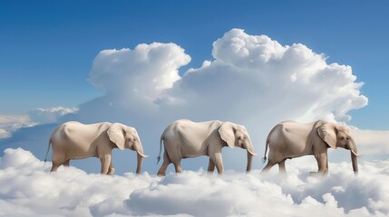 Fototapeta premium Three elephants traverse a sea of soft clouds against a stunning blue sky, evoking a dreamy and imaginative setting that captivates the viewer's imagination and curiosity