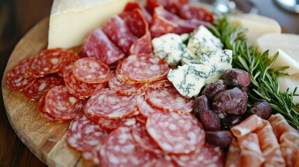 Obraz premium A close-up of a wooden board with slices of salami, cheese, and olives.