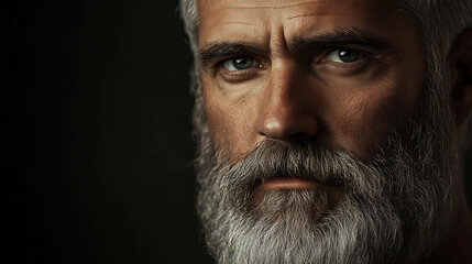 Obraz premium Closeup portrait of a man with a gray beard and intense blue eyes.