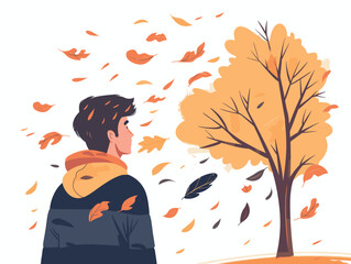 white background, A man looking at the movement of leaves swirling in the wind during a storm - isolate the man against a background of trees and gusty winds., very simple and isolate art