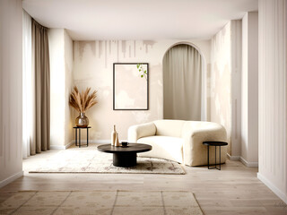 Japandi, minimalist interior design of modern living room.