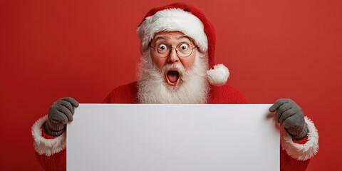 Naklejka premium Surprised Santa Claus making a shocked face while holding a blank white sign. Christmas promotions, discounts, sale. Copy space. Mock up.