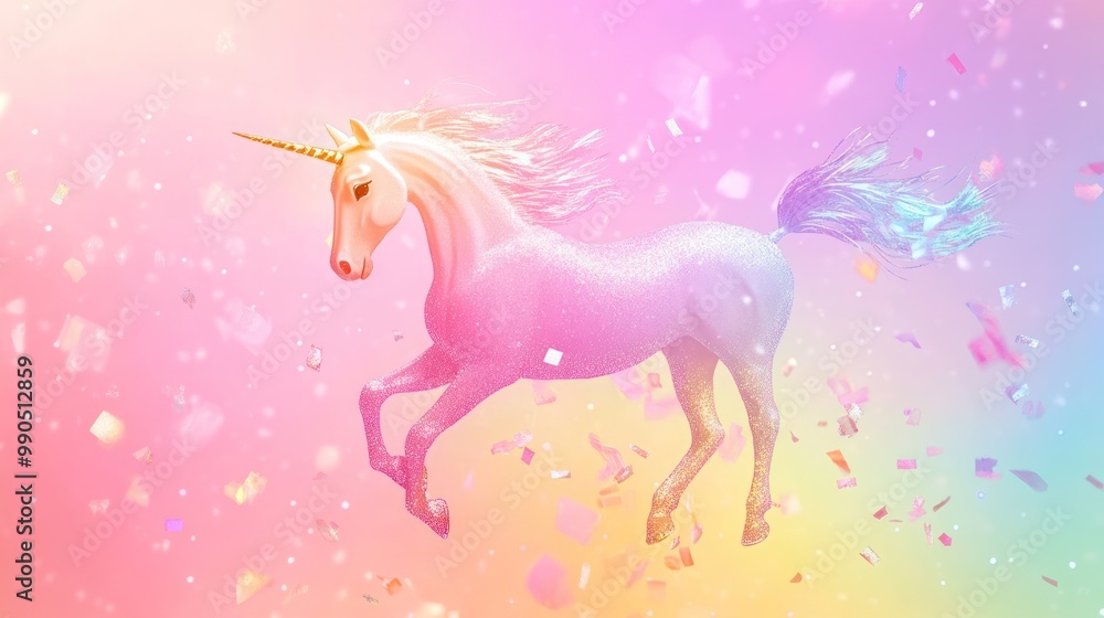 Wall mural A sparkling iridescent unicorn gallops through a field of colorful confetti on a pink, yellow and blue gradient background.