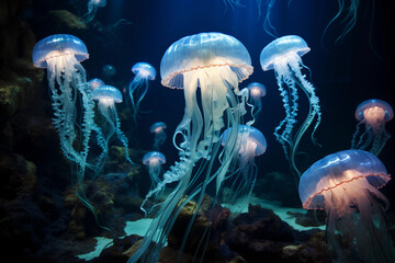 mesmerizing scene of a glowing jellyfish ballet taking place in the depths of an underwater cave. Generative AI