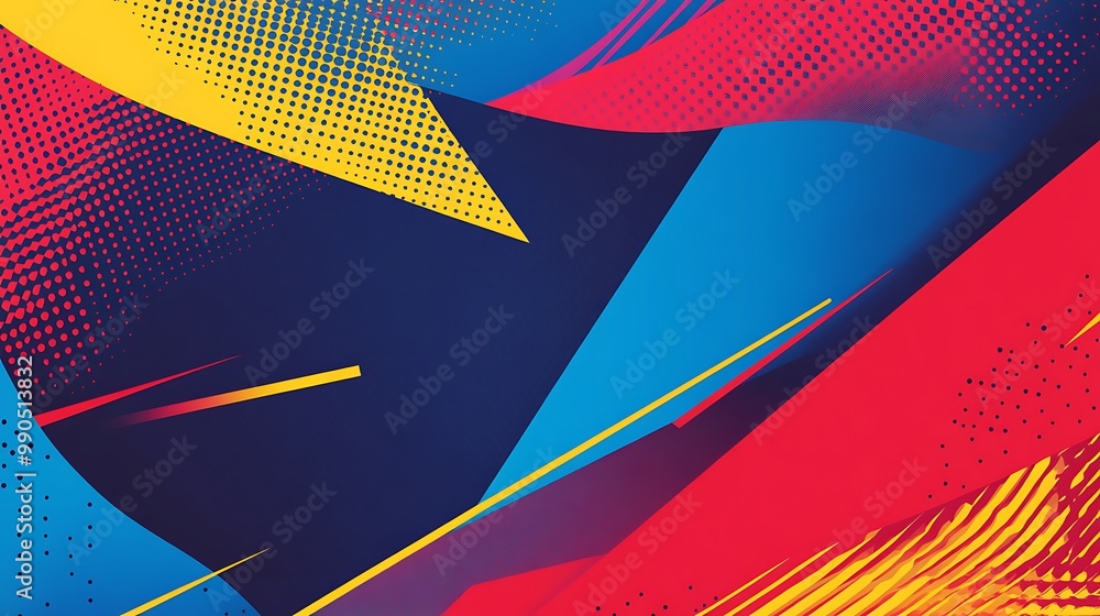 Poster abstract colorful background with geometric shapes, lines, and halftone patterns in red, blue, yello