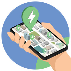 Hand hold City map in a mobile phone with an application to search for electric vehicles charging stations. illustration flat style.