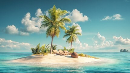 Two lounge chairs on a secluded tropical island with palm trees, white sand, and crystal clear turquoise water.