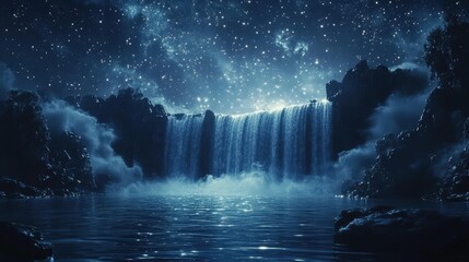 Majestic Waterfall Under Starry Night Sky