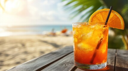 Obraz premium Close up of a glass of iced tea with an orange slice on the beach.