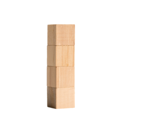 Four wooden square blocks, stacked up vertical, isolated on transparent background.