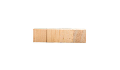 Four wooden square blocks, in a row, isolated on transparent background.