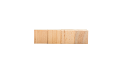 Four wooden square blocks, in a row, isolated on transparent background.