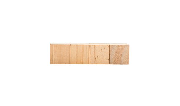 Four wooden square blocks, in a row, isolated on transparent background.