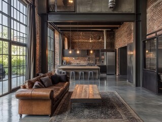 Fototapeta premium An expansive living room featuring exposed brick walls, concrete floors, and large metal windows