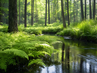 Obraz premium Ferns growing along a stream in a peaceful forest.