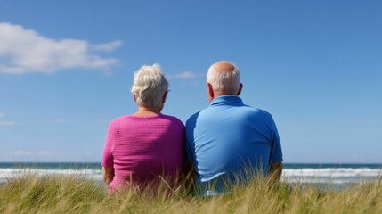 An elderly couple sits on coastal dunes, enjoying a sunny day by the ocean with calm waves under a bright blue sky, dressed casually..