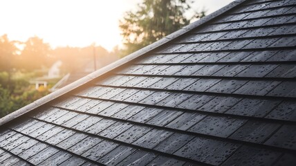 Fototapeta premium Secure Home: Black Shingled Roof with Raindrops in Focus