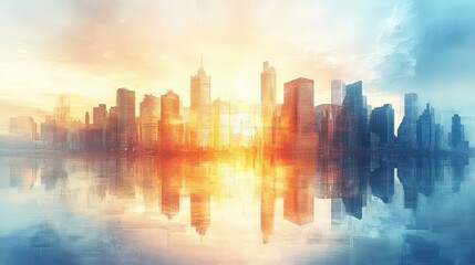 Urban Skyline at Sunrise with Colorful Reflections