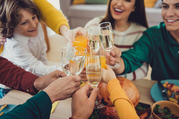 Cropped photo of cheerful big full family toast drink champagne juice eat thanksgiving holiday dinner good mood having fun at home indoors © deagreez