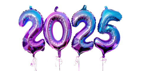 2025 new year festive blue purple mylar balloons isolated on white or transparent png