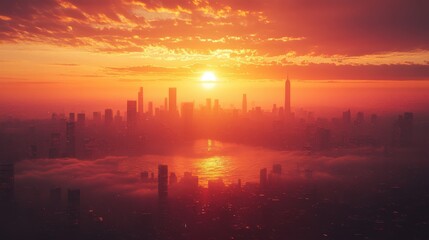 Fototapeta premium Sunset Over City Skyline with Orange and Purple Hues