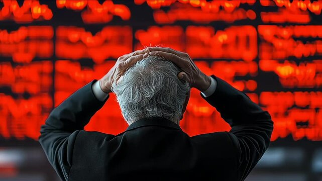 Bear Market Panicking Senior Old Man Watching Crashing Stocks Plunging Slumping Bearish Financial Crisis Recession Collapse Panic Selling Anxious Mad Loss Pension Savings Investment