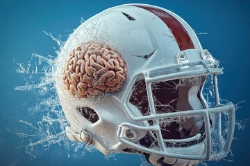 A brain encased in a football helmet with cracks spreading across it representing the impact of concussions on mental health.