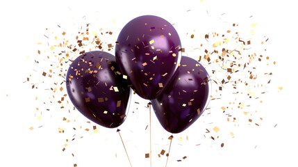 purple balloons with golden glitter confetti isolated on white or transparent png