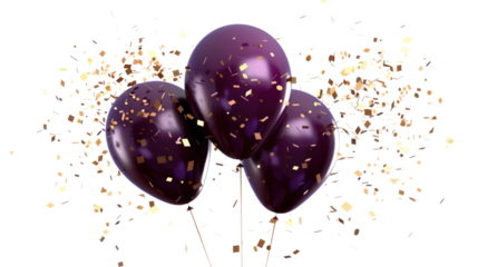 purple balloons with golden glitter confetti isolated on white or transparent png