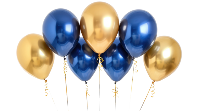 blue and golden party balloons isolated on white or transparent png