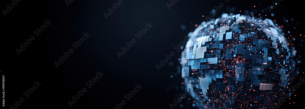Poster digital globe made of cubes with glowing particles on dark background