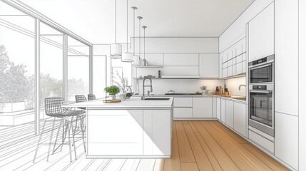 The 3D abstract sketch design of the interior kitchen, large window, central island, modern furniture, appliance, provide a unique perspective of the space