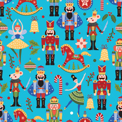Fototapeta premium Colorful Christmas vector seamless Nutcracker pattern. Can be used for wallpaper, pattern fills, web page background, surface textures.