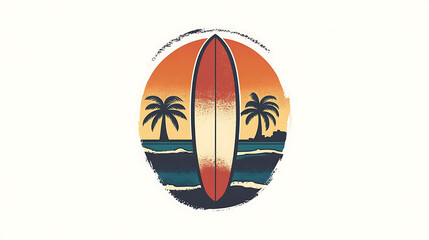 A vintage style illustration of a surfboard on the beach at sunset.
