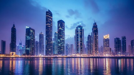 Obraz premium A beautiful panoramic view of Dubai's skyline at dusk with reflections in the water.