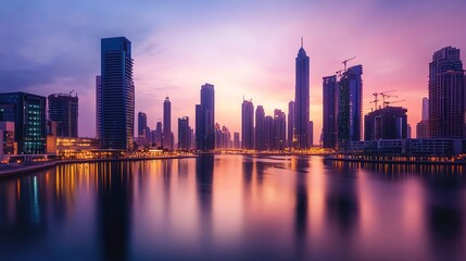 Obraz premium A panoramic view of Dubai's skyline at sunset with a reflection in the water.