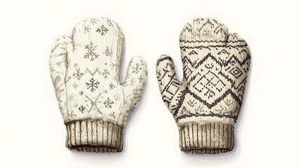 Two knitted mittens. One has a snowflake pattern and the other has a geometric design.