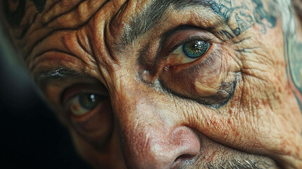 Obraz premium Close up of an elderly man's face with tattoos, wrinkles, and deep-set eyes.