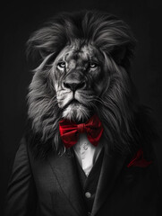 Studio portrait of a lion in a tuxedo and a red bow tie. A lion in human clothes looks at the camera. Dark background.