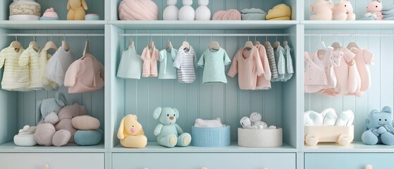 A beautifully organized nursery shelf featuring soft toys and pastel clothing for infants, creating a cozy atmosphere.