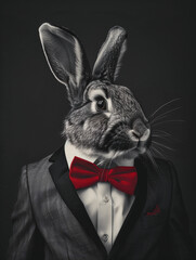 Studio portrait of a rabbit in a tuxedo and a red bow tie. A rabbit in human clothes looks at the camera. Dark background.