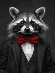 Studio portrait of a raccoon in a tuxedo and a red bow tie. A raccoon in human clothes looks at the camera. Dark background.