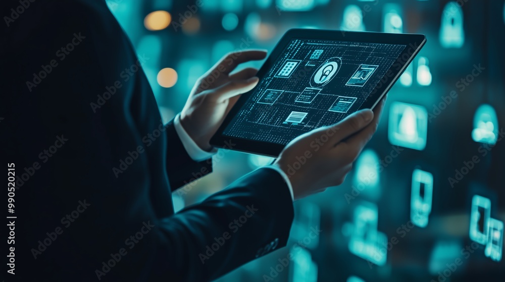 Poster a professional in a suit holding a tablet, analyzing cybersecurity data displayed on a digital inter